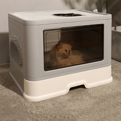 Large Hooded Cat Litter Box Drawer Type – Enclosed Top Entry Anti-Splashing Kitty Toilet with Scoop Grooming Tool.