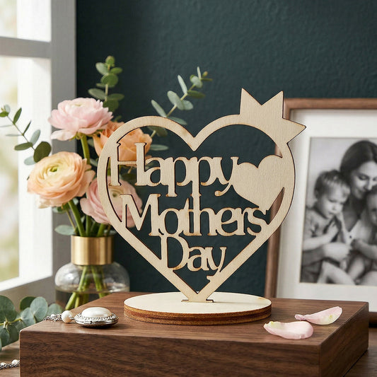 Wooden Heart Crown Decor - Creative Desktop Ornament for Mother's Day, Rustic Family Decoration Gift for Home Interior Styling