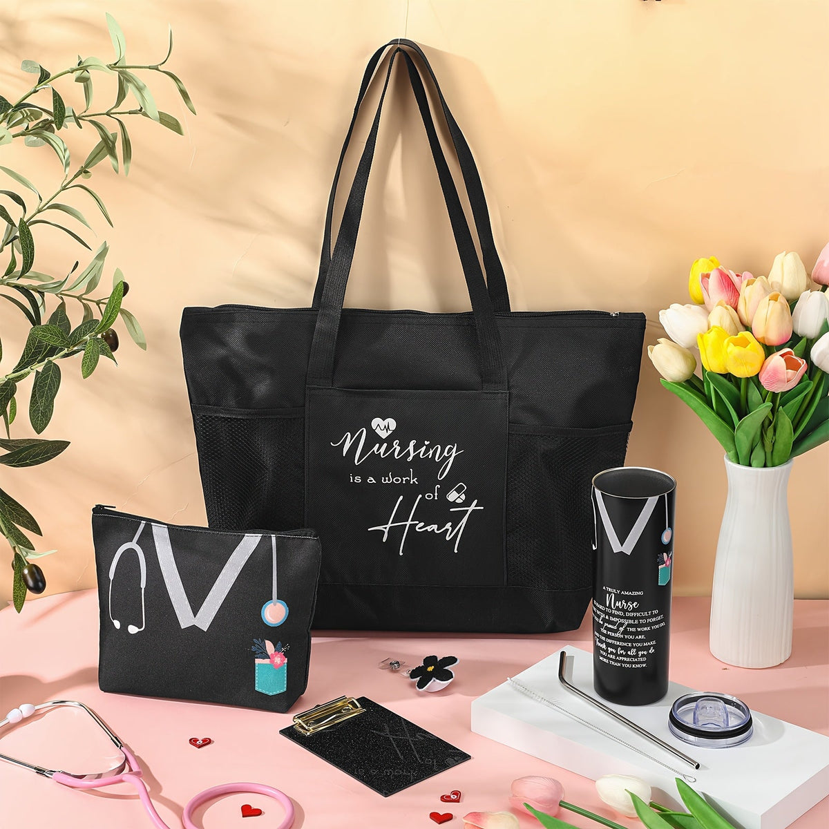 Nurse Appreciation Gift Set – Tumbler, Tote Bag, Makeup Pouch, Clipboard and Badge Reel Nursing Gift Pack
