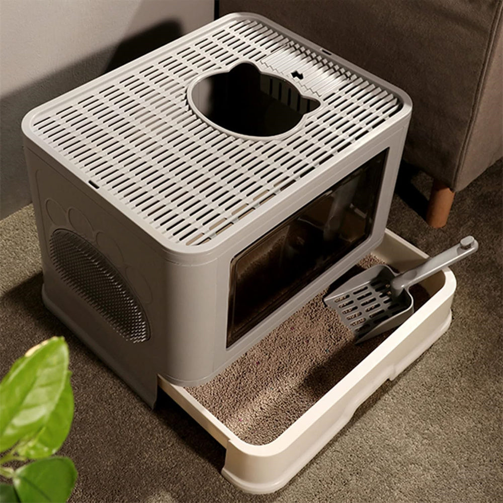 Large Hooded Cat Litter Box Drawer Type – Enclosed Top Entry Anti-Splashing Kitty Toilet with Scoop Grooming Tool.