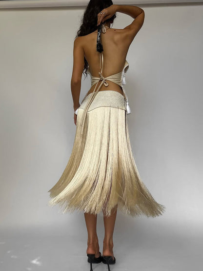 Kliou Halter Crop Top and Maxi Skirt Set – Sexy Backless Bandage Outfit with Tassel Details for Elegant Party Styling
