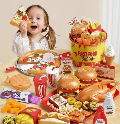 Kids Kitchen Play Food Set - Pretend Cooking Toy with Burgers, Pizza and Interactive Montessori Learning Fun