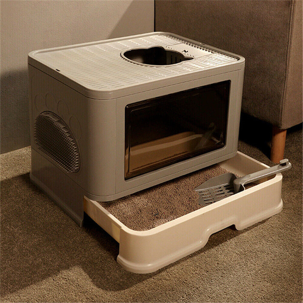 Large Hooded Cat Litter Box Drawer Type – Enclosed Top Entry Anti-Splashing Kitty Toilet with Scoop Grooming Tool.