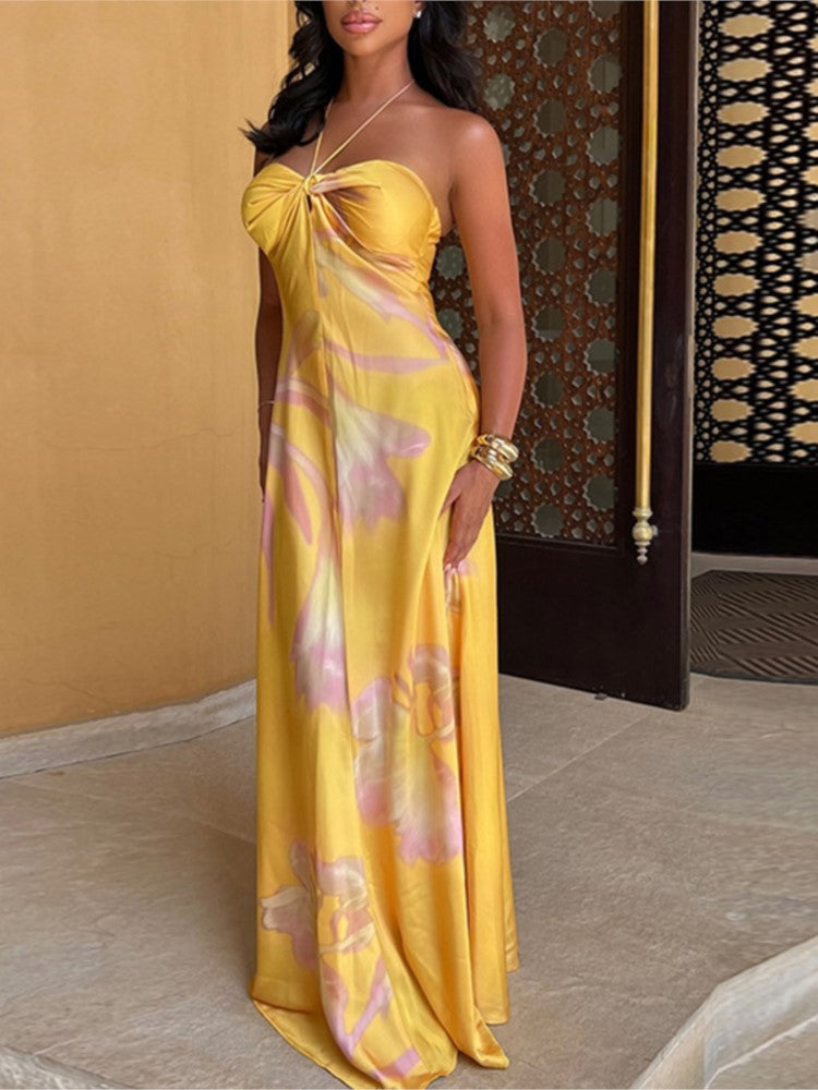 Yellow Halter Neck Maxi Sleeveless Dress - Beach Vacation Dress for Women, Elegant Summer Party Outfit with Flowing Design