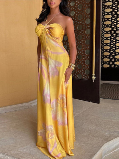 Yellow Halter Neck Maxi Sleeveless Dress - Beach Vacation Dress for Women, Elegant Summer Party Outfit with Flowing Design