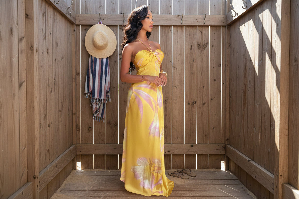 Yellow Halter Neck Maxi Sleeveless Dress - Beach Vacation Dress for Women, Elegant Summer Party Outfit with Flowing Design