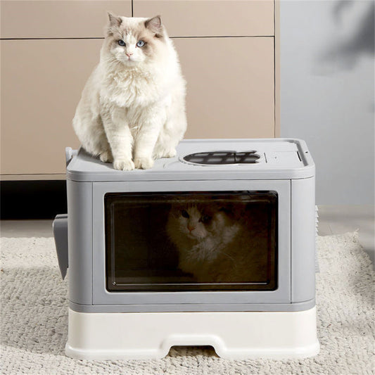 Large Hooded Cat Litter Box Drawer Type – Enclosed Top Entry Anti-Splashing Kitty Toilet with Scoop Grooming Tool.