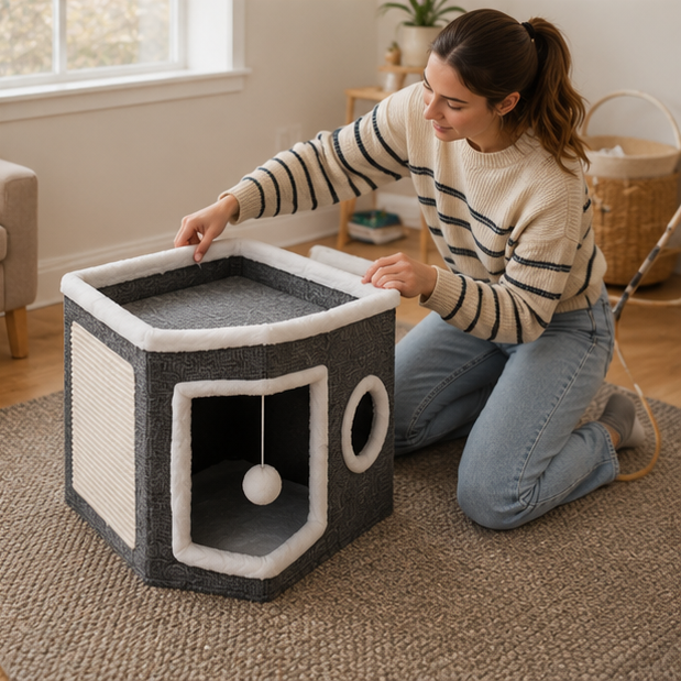 Multi Layer Cat House Cube - Foldable Indoor Cat Bed with Tunnel Scratcher and Cozy Mat for Cats Play and Rest