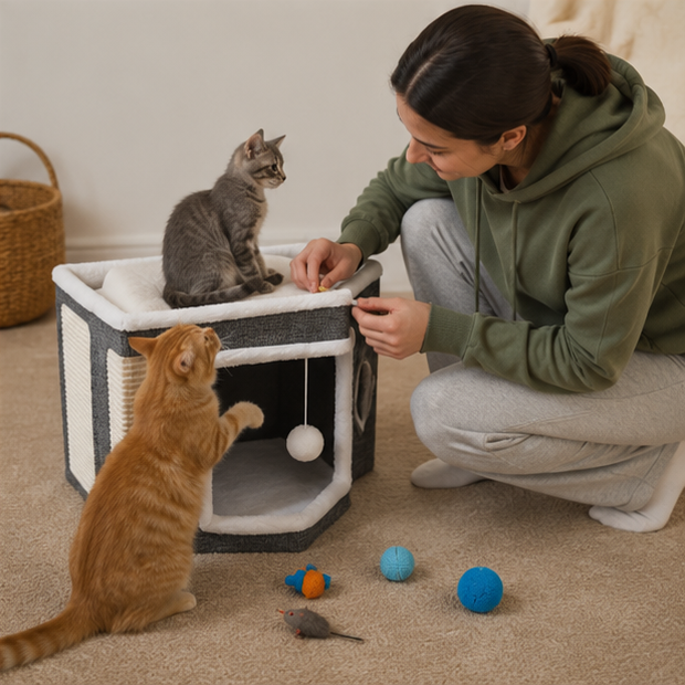 Multi Layer Cat House Cube - Foldable Indoor Cat Bed with Tunnel Scratcher and Cozy Mat for Cats Play and Rest