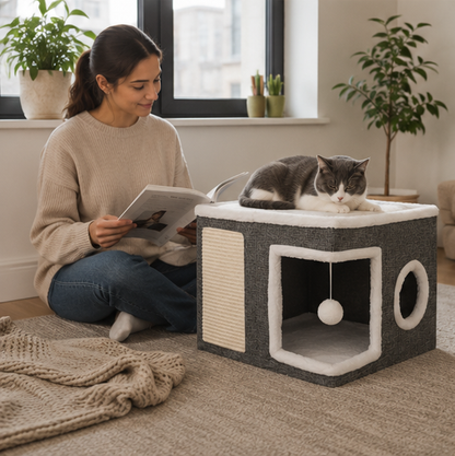 Multi Layer Cat House Cube - Foldable Indoor Cat Bed with Tunnel Scratcher and Cozy Mat for Cats Play and Rest