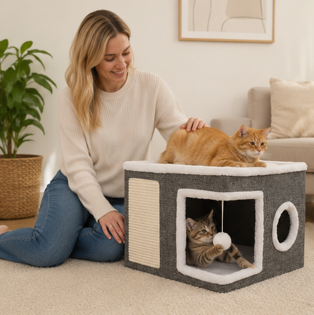 Multi Layer Cat House Cube - Foldable Indoor Cat Bed with Tunnel Scratcher and Cozy Mat for Cats Play and Rest
