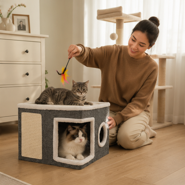 Multi Layer Cat House Cube - Foldable Indoor Cat Bed with Tunnel Scratcher and Cozy Mat for Cats Play and Rest