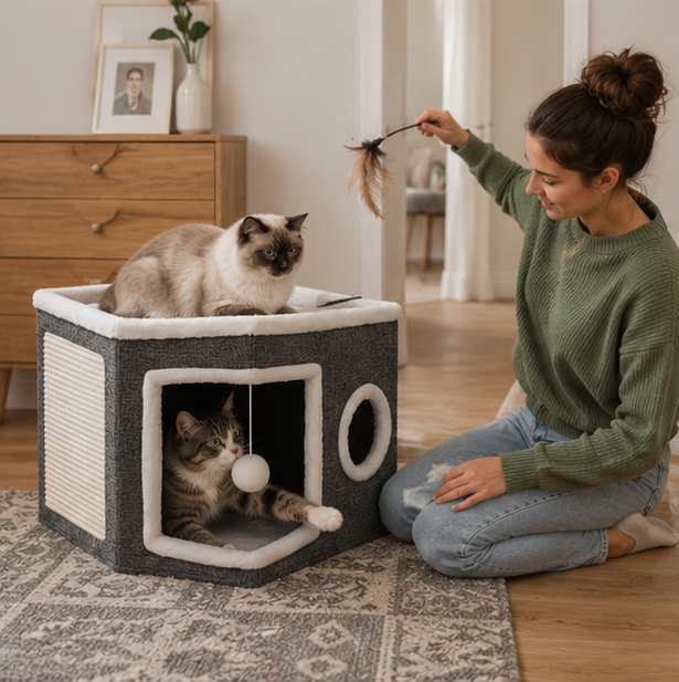 Multi Layer Cat House Cube - Foldable Indoor Cat Bed with Tunnel Scratcher and Cozy Mat for Cats Play and Rest
