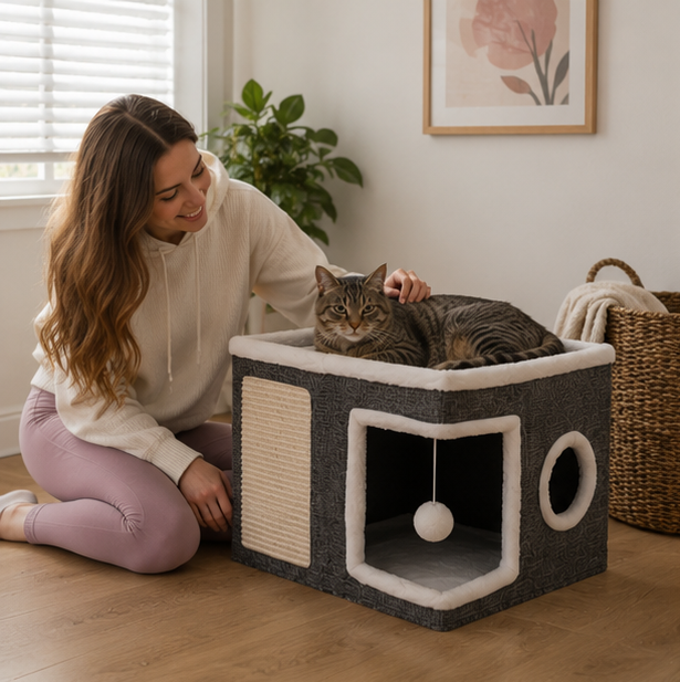 Multi Layer Cat House Cube - Foldable Indoor Cat Bed with Tunnel Scratcher and Cozy Mat for Cats Play and Rest