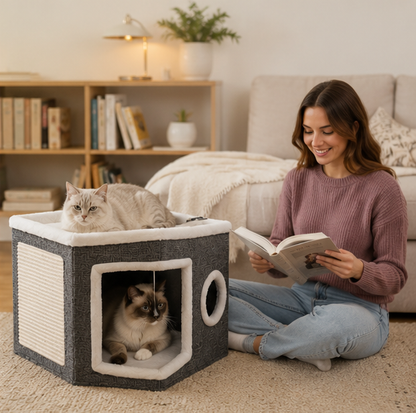 Multi Layer Cat House Cube - Foldable Indoor Cat Bed with Tunnel Scratcher and Cozy Mat for Cats Play and Rest
