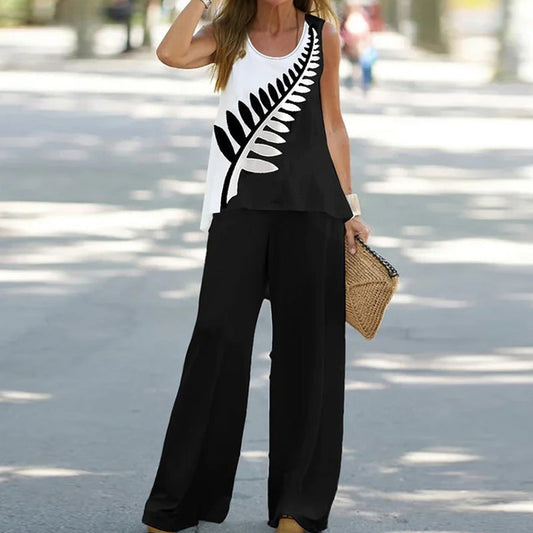 Women's Two Piece Outfit - Sleeveless Round Neck Top and Wide Leg Pants Set, Loose Fit Casual Summer Fashion Clothing