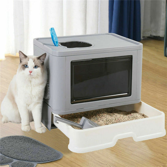 Large Hooded Cat Litter Box Drawer Type – Enclosed Top Entry Anti-Splashing Kitty Toilet with Scoop Grooming Tool.