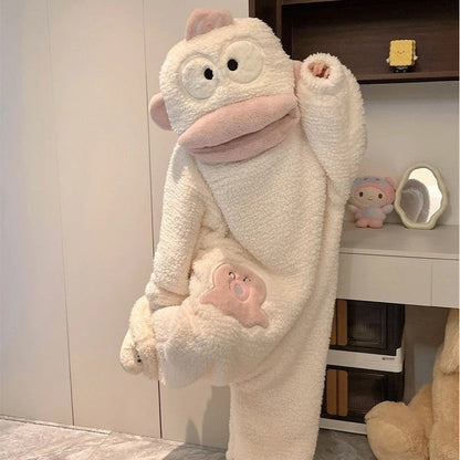 Big Mouth Monster Onesie Pajamas – Thick Coral Fleece Cartoon Sleepwear for Couples, Men and Women, Cozy Autumn Lounging, Parties and Fun Gifts