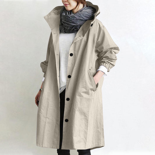 Women’s Long Trench Coat – Elegant Solid Color Hooded Windbreaker Lightweight Loose Fit Stylish Raincoat for Modern Street Fashion