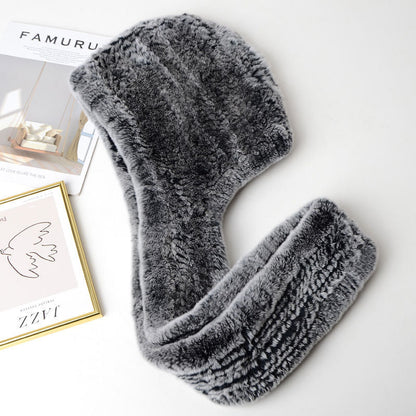 Women's Rex Rabbit Fur Hat Scarf - Luxury Winter Hooded Knit Set for Ultimate Warmth and Elegant Fashion