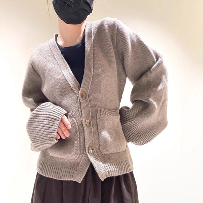 Korean V Neck Knit Cardigan – Women's Button Front Wool Sweater for Autumn Layering, Office Wear and Casual Style