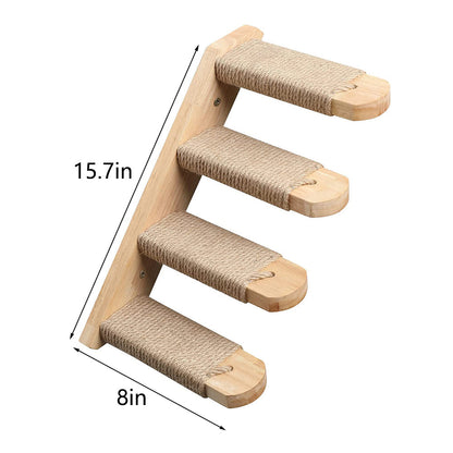 Wall Mounted Cat Climbing Shelf with Sisal Scratching Post – Four Step Stairway Platform Tree Gym Furniture for Active Indoor Cats.