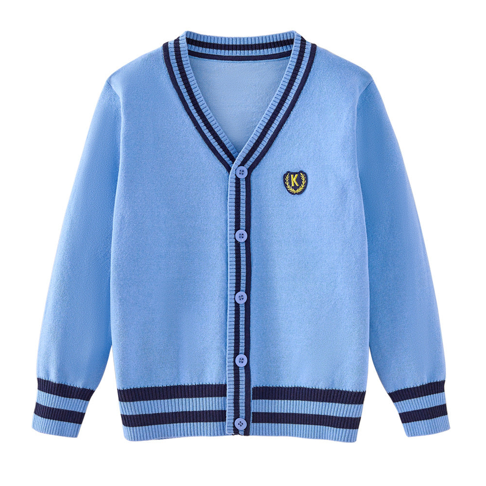 Kids Striped Knit Cardigan - Cotton V-Neck Sweater Coat for Boys and Teenagers, Preppy Style Everyday Outerwear