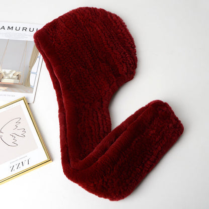 Women's Rex Rabbit Fur Hat Scarf - Luxury Winter Hooded Knit Set for Ultimate Warmth and Elegant Fashion