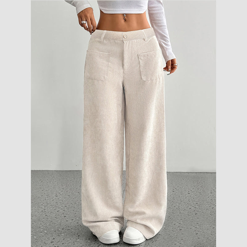 Women's High Waist Corduroy Pants - Wide Leg Relaxed Fit Trousers with Pockets for Fall Winter Casual Fashion