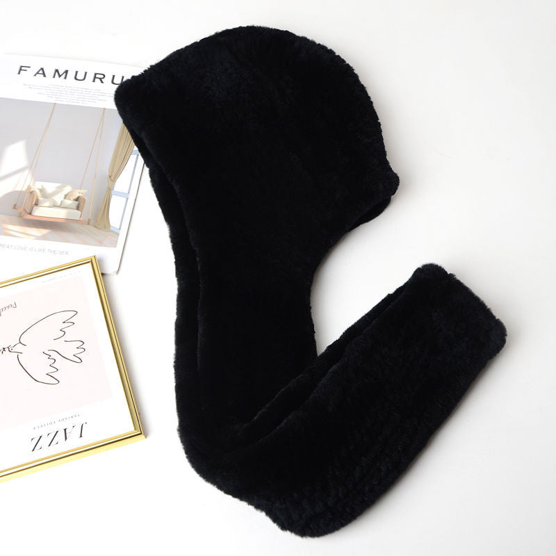 Women's Rex Rabbit Fur Hat Scarf - Luxury Winter Hooded Knit Set for Ultimate Warmth and Elegant Fashion