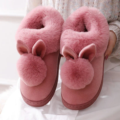 Women’s Winter Furry Rabbit Ear Home Boots – Warm Indoor Flat-Heel Slippers for Bedroom Comfort, Cozy Ankle Fur Footwear for Cold Seasons