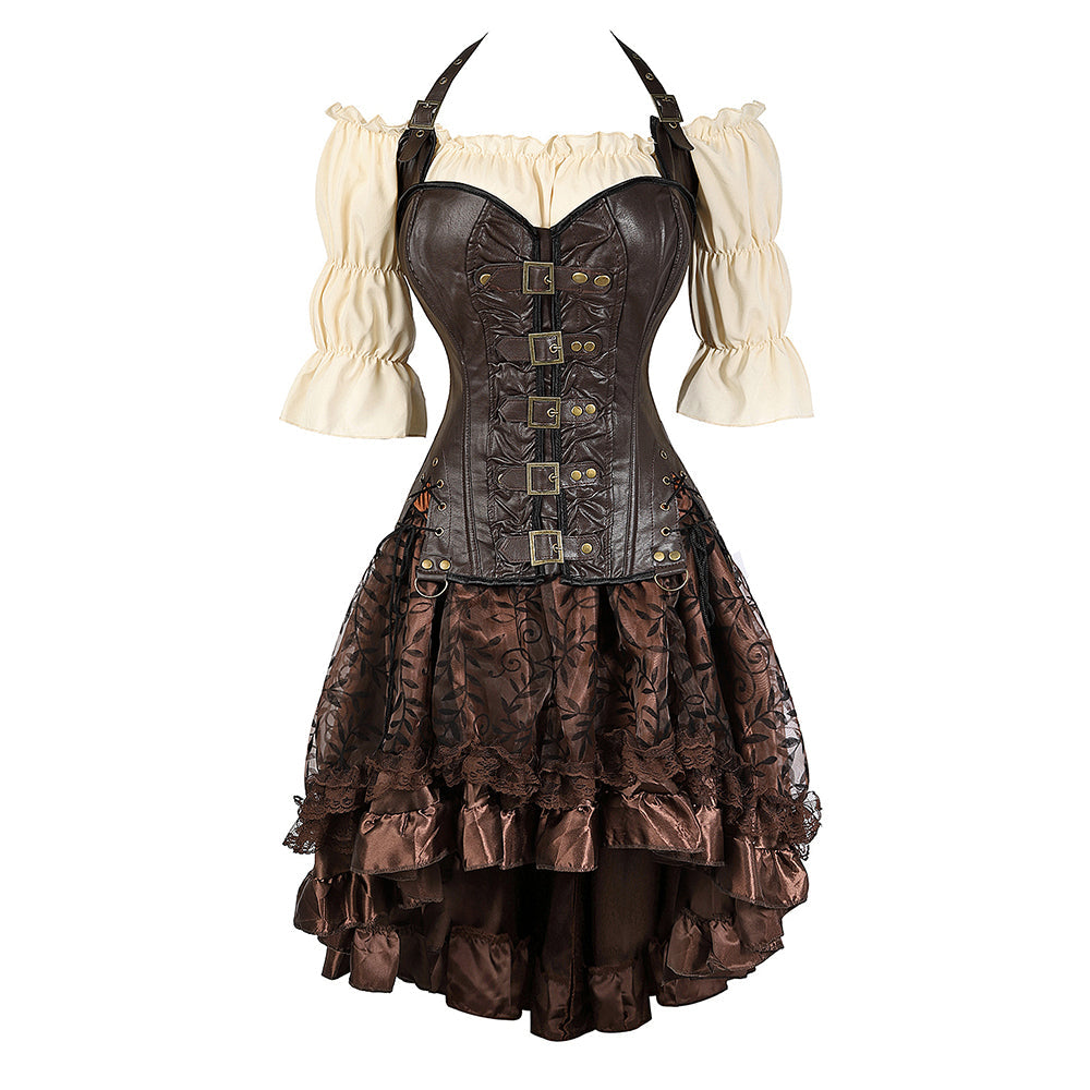 Steampunk Pirate Corset Dress - Plus Size Faux Leather Halloween Costume for Women with Off Shoulder Cosplay Blouse Design