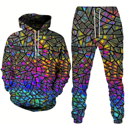 Men's Hoodie Tracksuit Set - Shiny Print Sweatshirt and Jogger Outfit for Sports and Casual Fashion