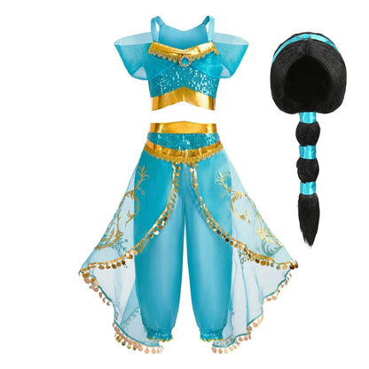 Kid's Arabian Princess Costume Dress - Jasmine Inspired Halloween Outfit for Girls with Sequins for Parties and Cosplay Events