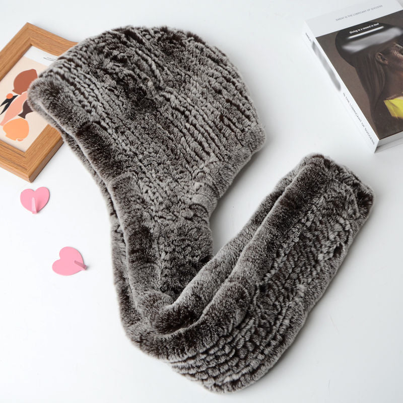 Women's Rex Rabbit Fur Hat Scarf - Luxury Winter Hooded Knit Set for Ultimate Warmth and Elegant Fashion