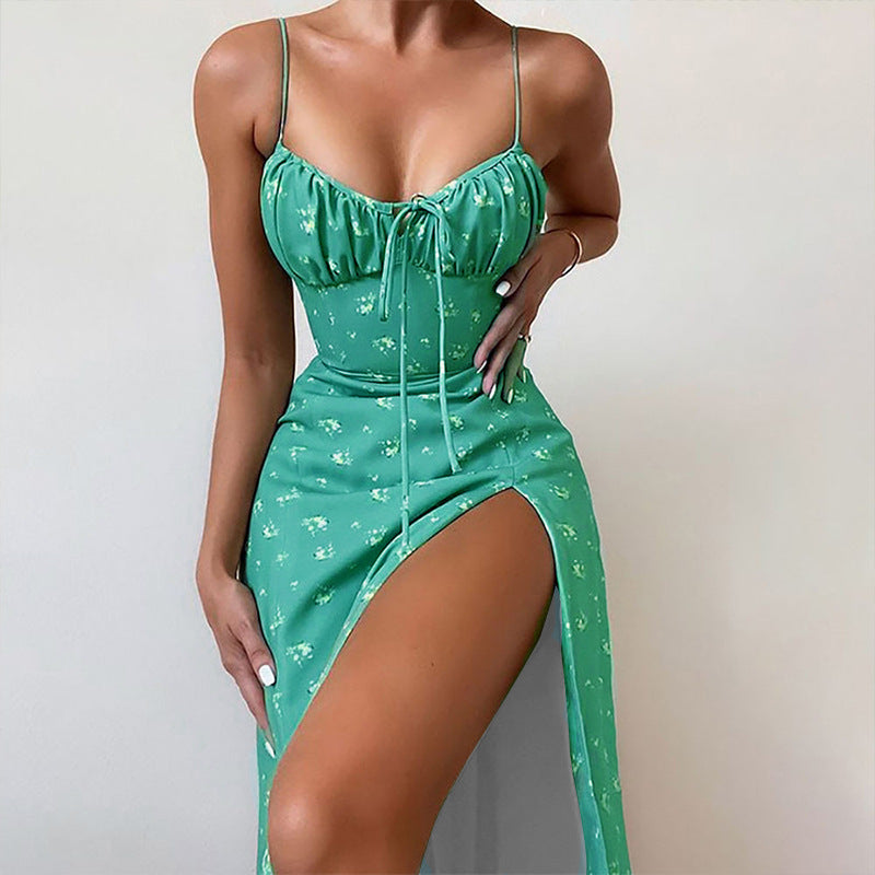 Floral Midi Sundress with Tie Front and Slit – Women's Spaghetti Strap Summer Beach Dress