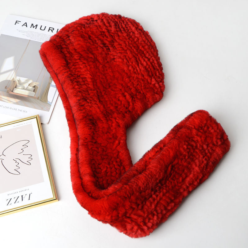 Women's Rex Rabbit Fur Hat Scarf - Luxury Winter Hooded Knit Set for Ultimate Warmth and Elegant Fashion