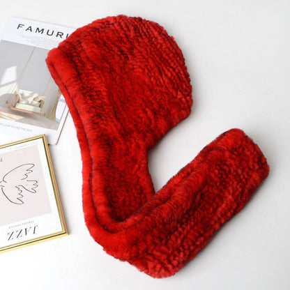 Women's Rex Rabbit Fur Hat Scarf - Luxury Winter Hooded Knit Set for Ultimate Warmth and Elegant Fashion