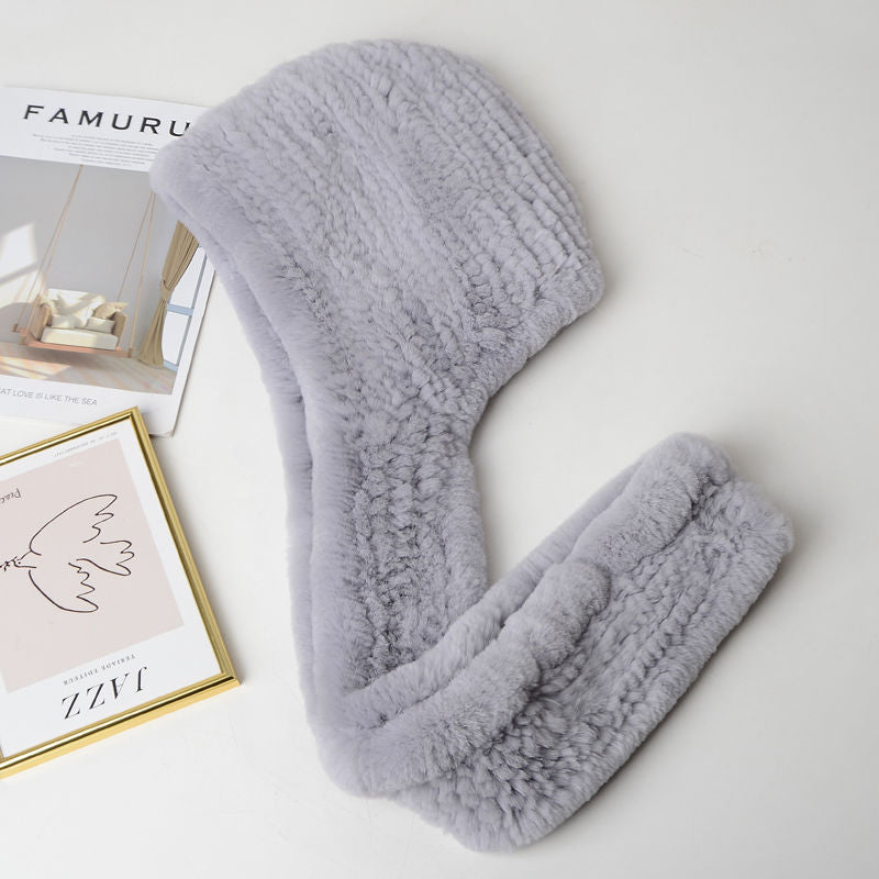 Women's Rex Rabbit Fur Hat Scarf - Luxury Winter Hooded Knit Set for Ultimate Warmth and Elegant Fashion