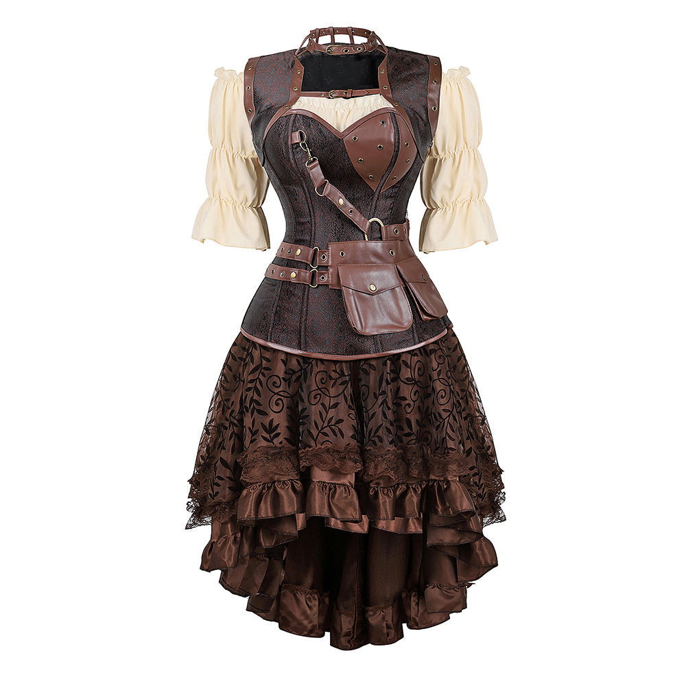 Steampunk Pirate Corset Dress - Plus Size Faux Leather Halloween Costume for Women with Off Shoulder Cosplay Blouse Design