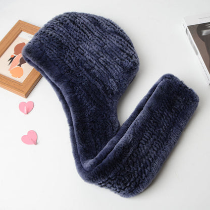 Women's Rex Rabbit Fur Hat Scarf - Luxury Winter Hooded Knit Set for Ultimate Warmth and Elegant Fashion