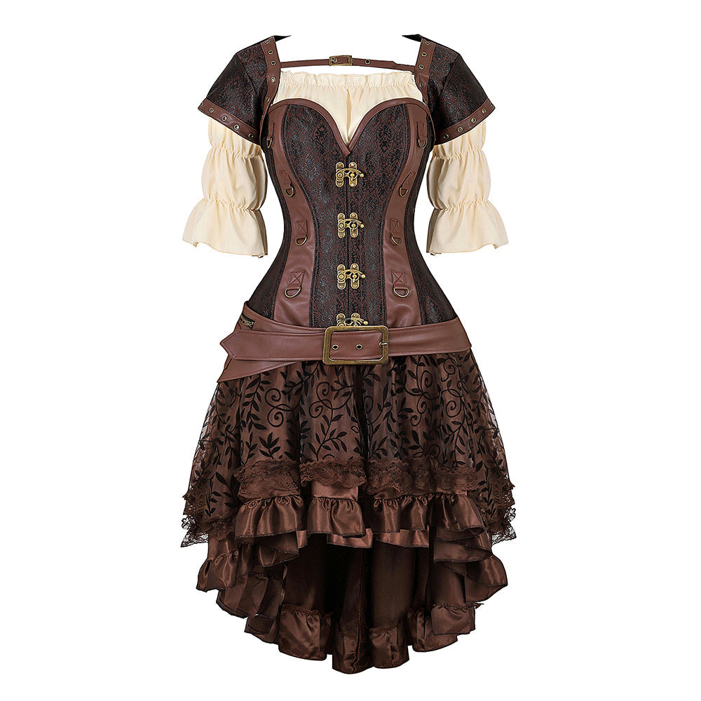 Steampunk Pirate Corset Dress - Plus Size Faux Leather Halloween Costume for Women with Off Shoulder Cosplay Blouse Design