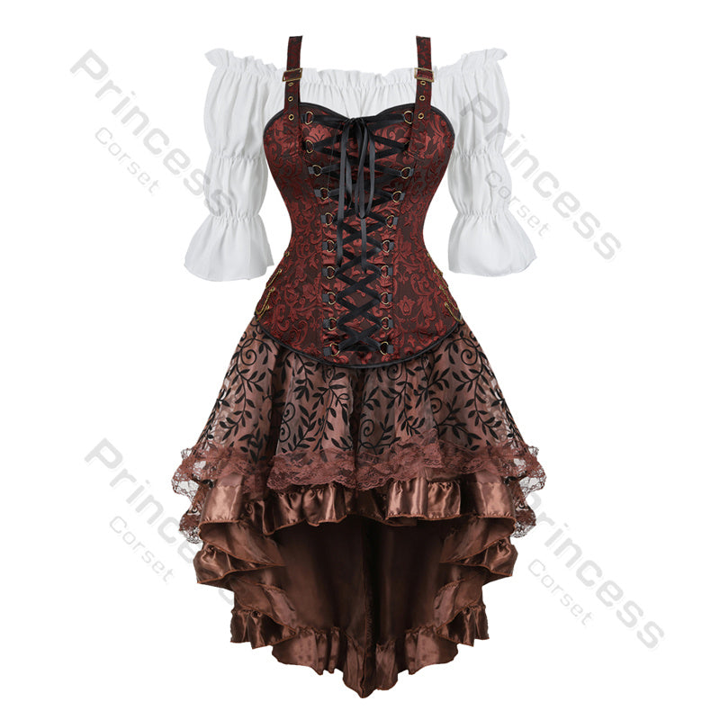 Steampunk Pirate Corset Dress - Plus Size Faux Leather Halloween Costume for Women with Off Shoulder Cosplay Blouse Design