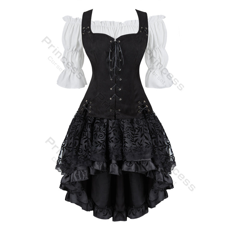 Steampunk Pirate Corset Dress - Plus Size Faux Leather Halloween Costume for Women with Off Shoulder Cosplay Blouse Design