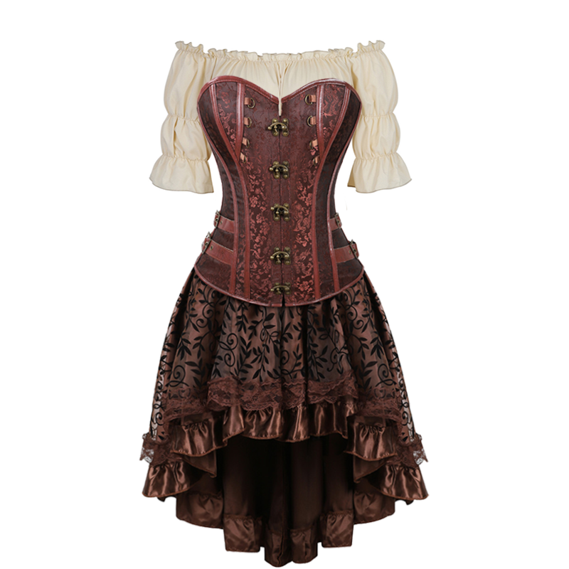 Steampunk Pirate Corset Dress - Plus Size Faux Leather Halloween Costume for Women with Off Shoulder Cosplay Blouse Design