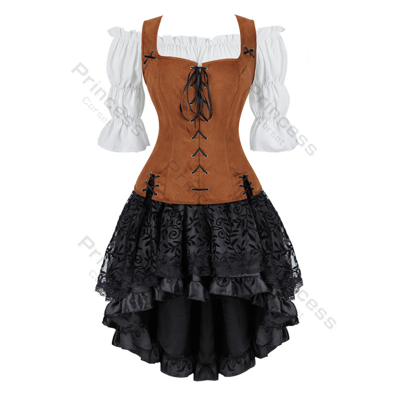 Steampunk Pirate Corset Dress - Plus Size Faux Leather Halloween Costume for Women with Off Shoulder Cosplay Blouse Design