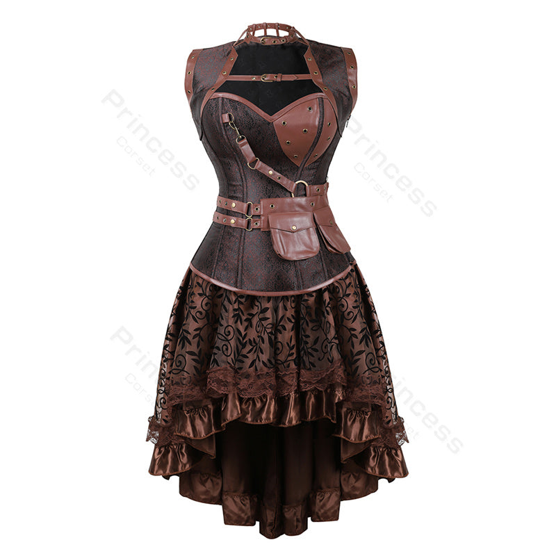 Steampunk Pirate Corset Dress - Plus Size Faux Leather Halloween Costume for Women with Off Shoulder Cosplay Blouse Design