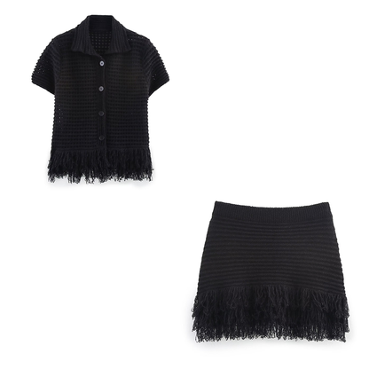 Knitted Tassel Two-Piece Set – Elegant Turndown Collar Top & Elastic Mini Skirt for Fall/Winter