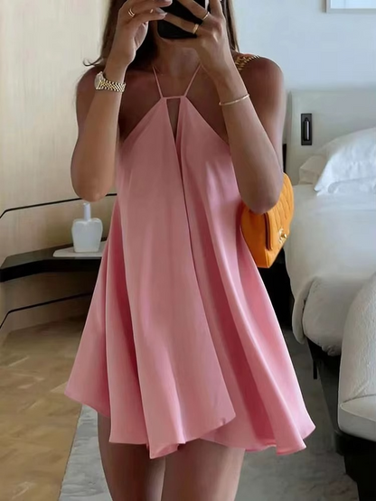 Women’s A-Line Mini Dress – Elegant Sleeveless Solid Color Dress with Hollow-Out Pleated Design for Summer, Casual Wear, Parties and Club Outfits