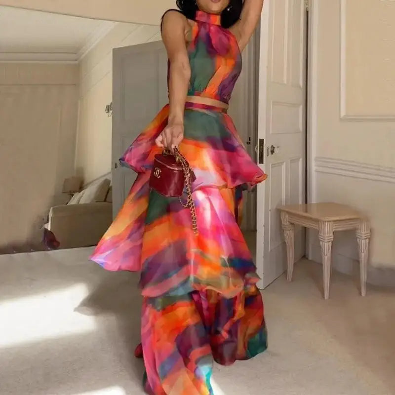 Bold Contrast Tie Dye Deep V-Neck Strap Dress – Backless Off-Shoulder Design for Spring Parties and Holidays